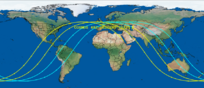 Le linee gialle e azzurre indicano la possibile area nella quale potrebbe cadere la sonda Kosmos 482 (fonte: Aerospace)
