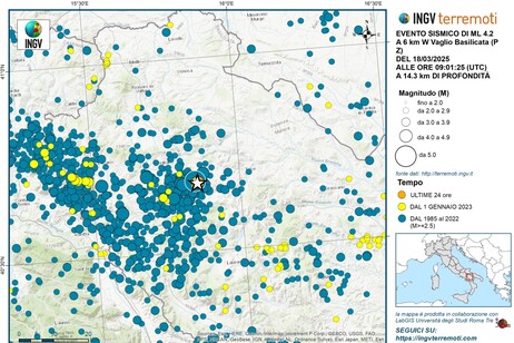 La stella indica il terremoto di 4,2 del 18 marzo a Potenza, in giallo i terremoti dal 2023, in azzurro quelli dal 1985 al 2022 (fonte: INGV)