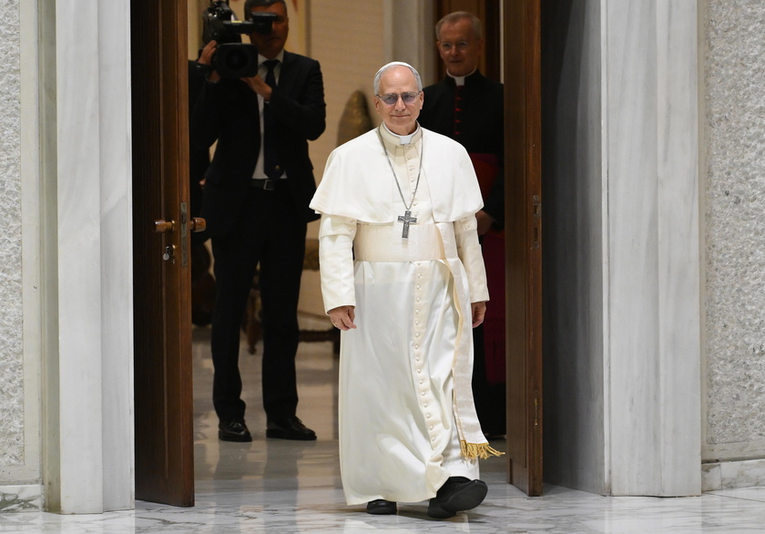 Pope Leo XIV meets members of the media at the Paul VI Hall