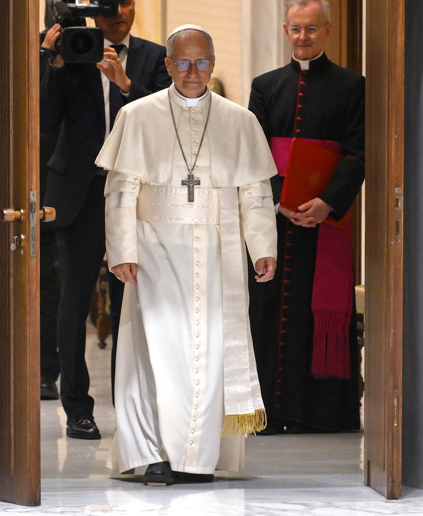 Pope Leo XIV meets members of the media at the Paul VI Hall