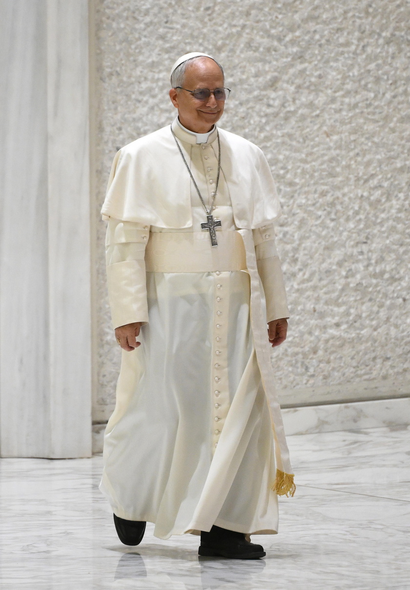 Pope Leo XIV meets members of the media at the Paul VI Hall