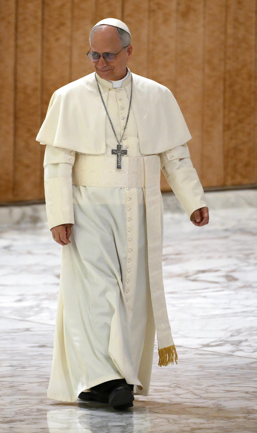 Pope Leo XIV meets members of the media at the Paul VI Hall