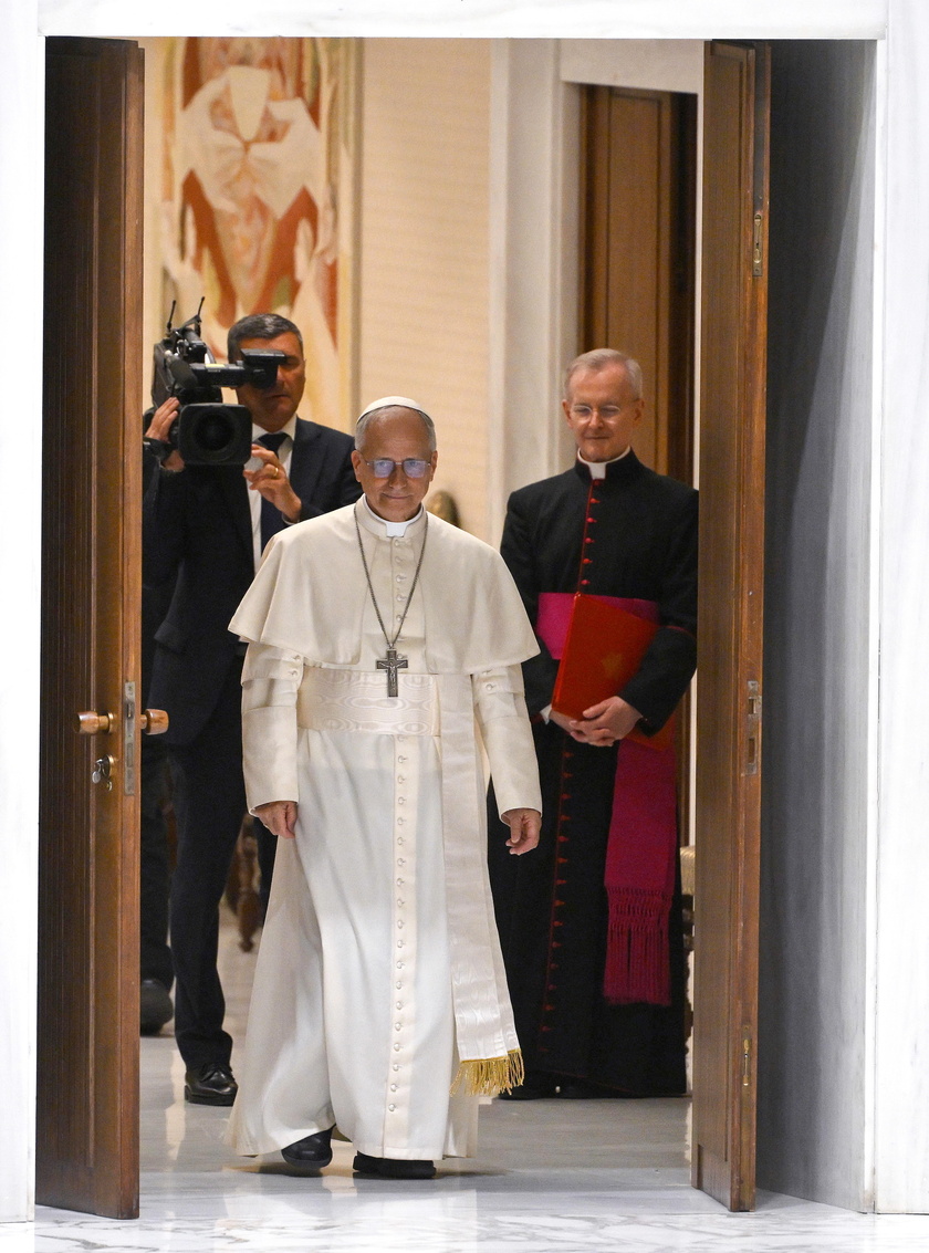 Pope Leo XIV meets members of the media at the Paul VI Hall
