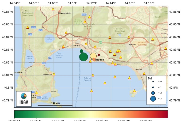 Mappa dello sciame sismico nei Campi Flegrei del 13 maggio 2025 (fonte: INGV) - RIPRODUZIONE RISERVATA