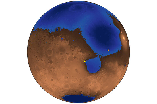 Marte potrebbe aver avuto questo aspetto 3,6 miliardi di anni fa. Le stelle indicano le posizioni dei rover Zhurong (arancione) e Perseverance (giallo) (fonte:&amp;nbsp;Robert Citron)