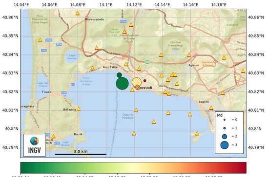 Mappa dello sciame sismico nei Campi Flegrei del 13 maggio 2025 (fonte: INGV)