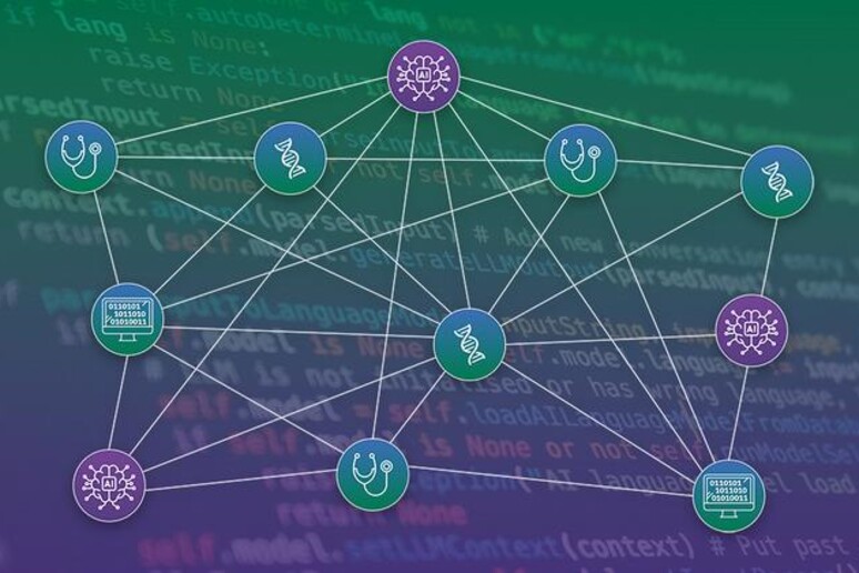 Rappresentazione grafica di BioChatter, il sistema di IA dedicato alla biologia (fonte:&nbsp;Karen Arnott/EMBL-EBI) - RIPRODUZIONE RISERVATA